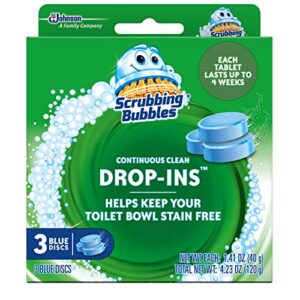 scrubbing bubbles continuous clean drop-ins toilet cleaner tablet, repels tough hard water and limescale stains, blue discs, 4.23 oz, 3ct