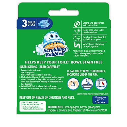 Scrubbing Bubbles Continuous Clean Drop-Ins Toilet Cleaner Tablet, Repels Tough Hard Water and Limescale Stains, Blue Discs, 4.23 oz, 3ct