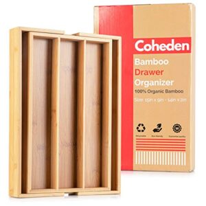 coheden bamboo expandable drawer organizer premium cutlery and utensil tray – multifunctional organizer fits with all drawer sizes – 100% pure bamboo (medium (3-5 compartments))