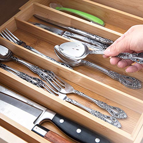 Coheden Bamboo Expandable Drawer Organizer Premium Cutlery and Utensil Tray - Multifunctional Organizer Fits With All Drawer Sizes - 100% Pure Bamboo (Medium (3-5 Compartments))