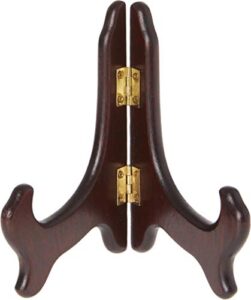 bard’s hinged dark wood plate stand, 5″ h x 5.75″ w x 3.75″ d (for 5″ – 7.5″ plates)