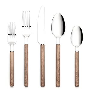 20 piece walnut faux wooden handle flatware set for 4,ornative ivy silverware include knifes, forks, spoons, stainless steel cutlery silverware set, dishwasher safe utensil for home kitchen restaurant