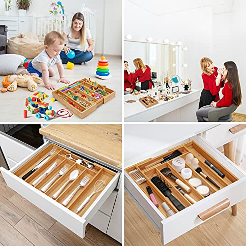 Yeekaywood Bamboo Expandable Drawer Organizer,Adjustable Design Multi-functional Silverware Storage Holder,100% Pure Bamboo,Drawer Divider Flatware Organizers for Kitchen,Bedroom