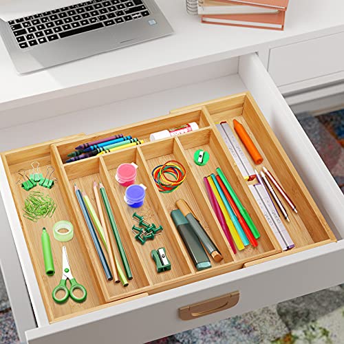 Yeekaywood Bamboo Expandable Drawer Organizer,Adjustable Design Multi-functional Silverware Storage Holder,100% Pure Bamboo,Drawer Divider Flatware Organizers for Kitchen,Bedroom