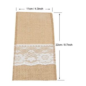 JFFX 10 Pieces Natural Burlap Lace Cutlery Holder, Burlap Utensil Holder Pouch, Knife Fork Silverware Bags for Vintage Wedding Party Dinner Thanksgiving Banquet Tableware Decorations