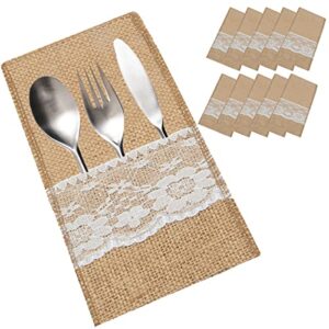 jffx 10 pieces natural burlap lace cutlery holder, burlap utensil holder pouch, knife fork silverware bags for vintage wedding party dinner thanksgiving banquet tableware decorations