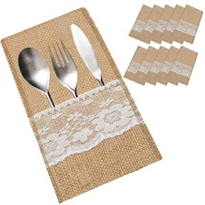 JFFX 10 Pieces Natural Burlap Lace Cutlery Holder, Burlap Utensil Holder Pouch, Knife Fork Silverware Bags for Vintage Wedding Party Dinner Thanksgiving Banquet Tableware Decorations