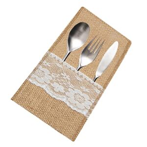 JFFX 10 Pieces Natural Burlap Lace Cutlery Holder, Burlap Utensil Holder Pouch, Knife Fork Silverware Bags for Vintage Wedding Party Dinner Thanksgiving Banquet Tableware Decorations