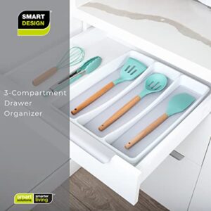 Smart Design 3-Compartment Plastic Drawer Organizer - Non-Slip Lining and Feet - BPA Free - Utensils, Flatware, Office, Personal Care, or Makeup Storage - Kitchen - White with Gray