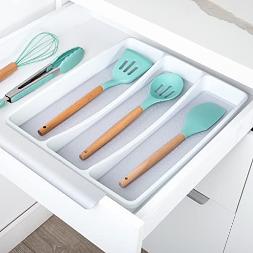 Smart Design 3-Compartment Plastic Drawer Organizer - Non-Slip Lining and Feet - BPA Free - Utensils, Flatware, Office, Personal Care, or Makeup Storage - Kitchen - White with Gray