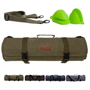 baobab county chef knife roll bag – premium 12oz waxed canvas chef knife case, 11 slots – ideal chef’s knife bag for carving knives, cleaver, chef tools & utensils – army green – oven mitts included