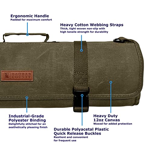 Baobab County Chef Knife Roll Bag - Premium 12oz Waxed Canvas Chef Knife Case, 11 Slots - Ideal Chef's Knife Bag for Carving Knives, Cleaver, Chef Tools & Utensils - Army Green - Oven Mitts Included
