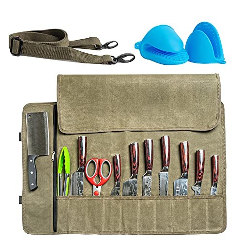 Baobab County Chef Knife Roll Bag - Premium 12oz Waxed Canvas Chef Knife Case, 11 Slots - Ideal Chef's Knife Bag for Carving Knives, Cleaver, Chef Tools & Utensils - Army Green - Oven Mitts Included