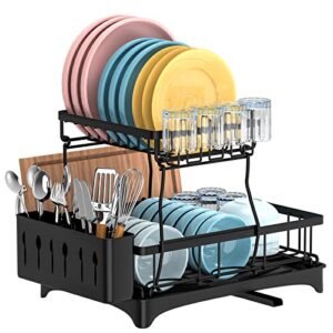 funny elf dish drying rack, 2-tier large dish racks for kitchen counter, rust-proof dish drainer with drying board , stainless steel dish rack with removable utensil holder