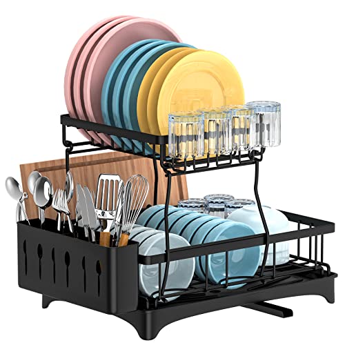 FUNNy elf Dish Drying Rack, 2-Tier Large Dish Racks for Kitchen Counter, Rust-Proof Dish Drainer with Drying Board , Stainless Steel Dish Rack with Removable Utensil Holder