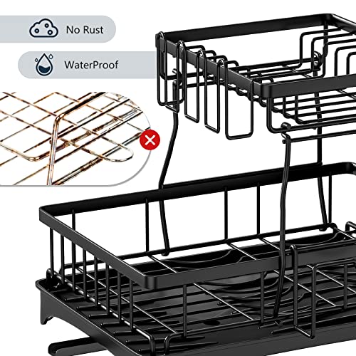 FUNNy elf Dish Drying Rack, 2-Tier Large Dish Racks for Kitchen Counter, Rust-Proof Dish Drainer with Drying Board , Stainless Steel Dish Rack with Removable Utensil Holder