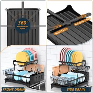 FUNNy elf Dish Drying Rack, 2-Tier Large Dish Racks for Kitchen Counter, Rust-Proof Dish Drainer with Drying Board , Stainless Steel Dish Rack with Removable Utensil Holder