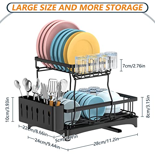FUNNy elf Dish Drying Rack, 2-Tier Large Dish Racks for Kitchen Counter, Rust-Proof Dish Drainer with Drying Board , Stainless Steel Dish Rack with Removable Utensil Holder