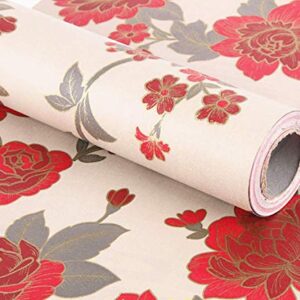 Red Floral Decorative Adhesive Paper Shelf Liner Peel and Stick Wallpaper for Kitchen Cabinets Drawers Countertops 17.7inch by 100inch (Red)