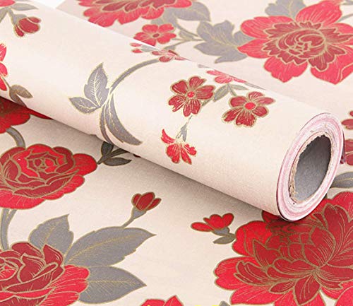 Red Floral Decorative Adhesive Paper Shelf Liner Peel and Stick Wallpaper for Kitchen Cabinets Drawers Countertops 17.7inch by 100inch (Red)