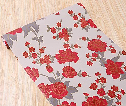 Red Floral Decorative Adhesive Paper Shelf Liner Peel and Stick Wallpaper for Kitchen Cabinets Drawers Countertops 17.7inch by 100inch (Red)