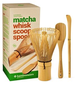 bambooworx matcha whisk set – matcha whisk (chasen), traditional scoop (chashaku), tea spoon. the perfect set to prepare a traditional cup of japanese matcha tea, handmade from 100% natural bamboo