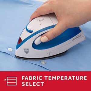 Sunbeam Hot-2-Trot Travel Steam Iron, 800 Watt Dual Voltage 120/240, Compact Size, Portable, Non-Stick Soleplate, Soft Touch Handle, Horizontal or Vertical Use, White and Blue