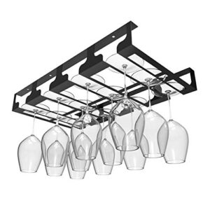 Jbikao Wine Glass Rack - Under Cabinet Stemware Wine Glass Holder Glasses Storage Hanger Metal Hanging Organizer for Bar Kitchen 4 Rows Black