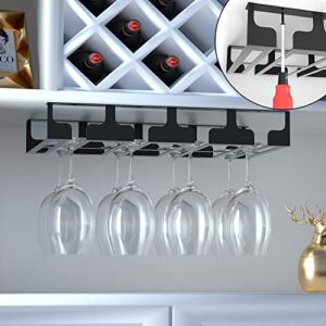 Jbikao Wine Glass Rack - Under Cabinet Stemware Wine Glass Holder Glasses Storage Hanger Metal Hanging Organizer for Bar Kitchen 4 Rows Black