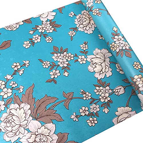 HOYOYO 17.8 x 78 Inches Self-Adhesive Shelf Liner, Dresser Drawer Paper Wall Sticket Home Decoration, Blue Vintage Peony Decorative