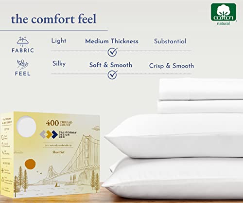 California Design Den Natural 100% Cotton Sheets Queen Sheet Set, Soft 400 Thread Count Sateen Cooling Sheets, Deep Pocket Queen Sheets, 4 Piece Bed Sheets Queen ( Bright White Sheets)