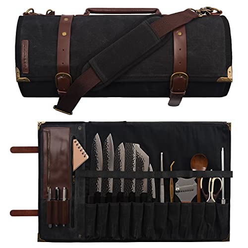 Manjushri Elegant and Light 12 Slots Professional Waxed Canvas & Genuine Leather Chef Knife Roll Bag Case with 4 Zipper Pouch Knife Organiser (Walnut Brown)