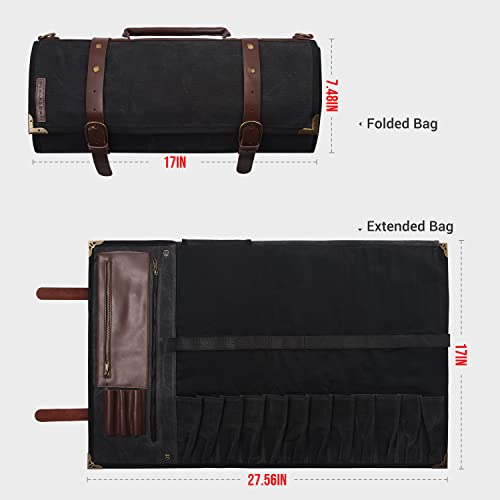 Manjushri Elegant and Light 12 Slots Professional Waxed Canvas & Genuine Leather Chef Knife Roll Bag Case with 4 Zipper Pouch Knife Organiser (Walnut Brown)