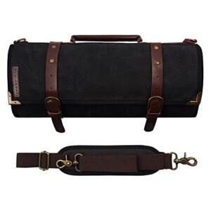 Manjushri Elegant and Light 12 Slots Professional Waxed Canvas & Genuine Leather Chef Knife Roll Bag Case with 4 Zipper Pouch Knife Organiser (Walnut Brown)