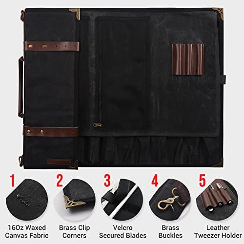 Manjushri Elegant and Light 12 Slots Professional Waxed Canvas & Genuine Leather Chef Knife Roll Bag Case with 4 Zipper Pouch Knife Organiser (Walnut Brown)