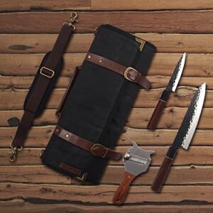 Manjushri Elegant and Light 12 Slots Professional Waxed Canvas & Genuine Leather Chef Knife Roll Bag Case with 4 Zipper Pouch Knife Organiser (Walnut Brown)