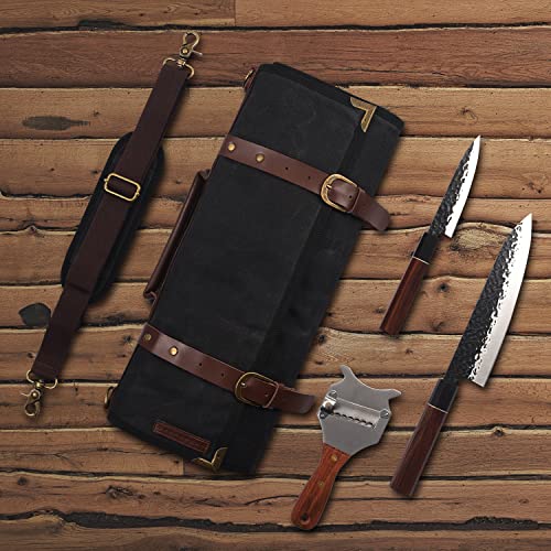 Manjushri Elegant and Light 12 Slots Professional Waxed Canvas & Genuine Leather Chef Knife Roll Bag Case with 4 Zipper Pouch Knife Organiser (Walnut Brown)