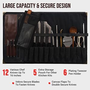 Manjushri Elegant and Light 12 Slots Professional Waxed Canvas & Genuine Leather Chef Knife Roll Bag Case with 4 Zipper Pouch Knife Organiser (Walnut Brown)