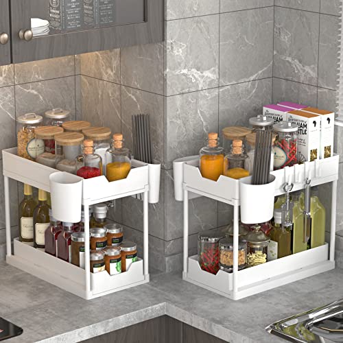 SUPPNEED 2 Pack Under Sink Organizers and Storage, 2-Tier Double Sliding Pull-out Drawer, Multi-purpose Under Sink Organizer for Kitchen and Bathroom with 4 Hooks, 2 Hanging Cup,White