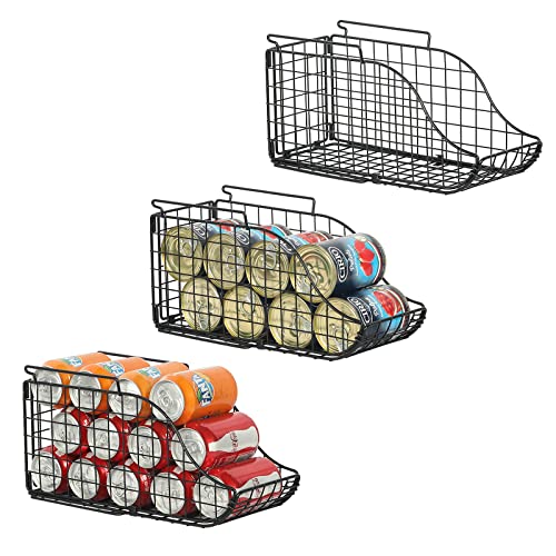 Standing Can Dispenser Bin 3-Pack, Stackable Beverage Drink Pop Soda Can Storage Organizer Basket with Handles, Foldable Canned Food Holder for Kitchen Pantry Countertop Cabinet Patent Pending