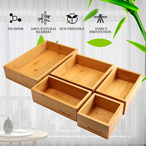 Linyuant 5-Piece Bamboo Drawer Organizer for Kitchen, Multi-use Luxury Storage Wooden Box Kit, Varied Sizes Utility Drawer Organizer, for Kitchen Bedroom Office Home Jewellery