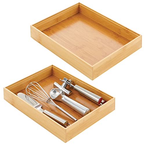 mDesign Bamboo Wood Stackable Drawer Organizer Bin Box for Kitchen; Holds Silverware, Cutlery, Utensils - Echo Collection - 2 Pack - Natural