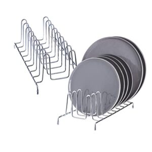 simplemade kitchen dish rack organizer – 2 wire metal cabinet organizers and storage rack for plates, dishes, pots, pot lids, pan lids, container lids – shelf, counter & pantry organization (chrome)