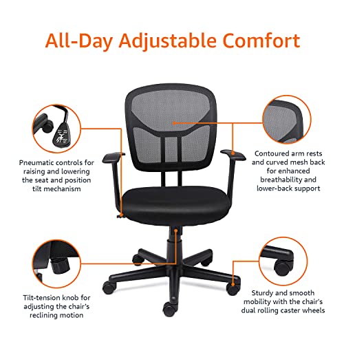 Amazon Basics Mesh, Mid-Back, Adjustable, Swivel Office Desk Chair with Armrests, Black