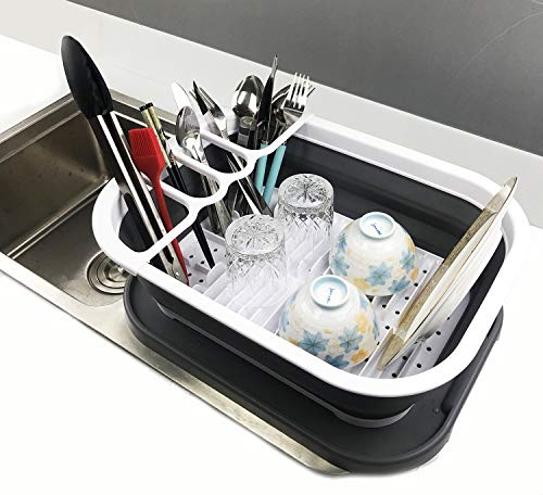 SAMMART 12L (3.17 Gallon) Collapsible Dish Drainer with Tray - Foldable Drying Rack Set - Portable Dinnerware Organizer - Space Saving Kitchen Storage Tray (1, White/Dark Grey)