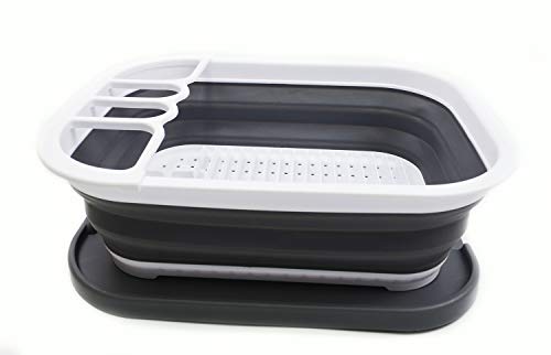 SAMMART 12L (3.17 Gallon) Collapsible Dish Drainer with Tray - Foldable Drying Rack Set - Portable Dinnerware Organizer - Space Saving Kitchen Storage Tray (1, White/Dark Grey)