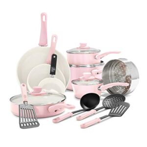 greenlife soft grip healthy ceramic nonstick, 16 piece cookware pots and pans set, pfas-free, dishwasher safe, soft pink