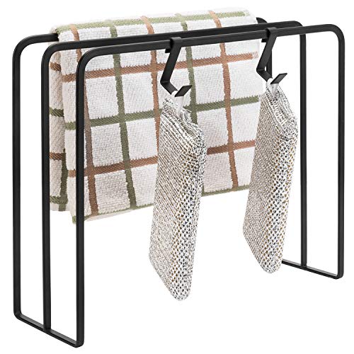 MyGift Black Metal Kitchen Countertop Dish Cloth Drying Rack, Dishcloth Holder with 2 Sponge Hooks