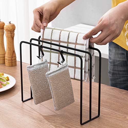 MyGift Black Metal Kitchen Countertop Dish Cloth Drying Rack, Dishcloth Holder with 2 Sponge Hooks