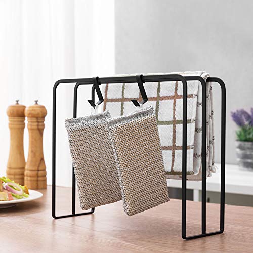 MyGift Black Metal Kitchen Countertop Dish Cloth Drying Rack, Dishcloth Holder with 2 Sponge Hooks